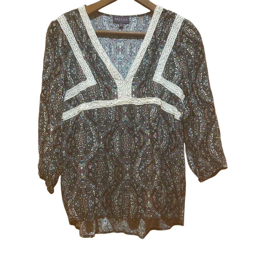 Artesia Blouse Womens Small Multicolor Floral Crochet‎ Trim Boho Western Prairie